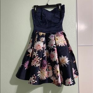 Dark Blue Floral Strapless Dress